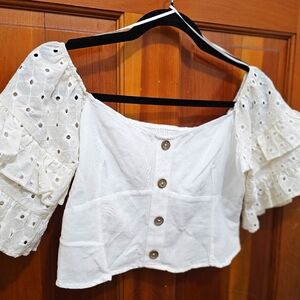 Zare White/Cream Off Shoulder Button Front Ruffle Eyelet Sleeve
